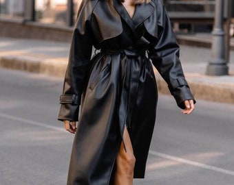 Belted Black Faux Leather Trench Coat, Double-Breasted S/M