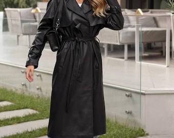 ブラックヴィーガンレザートレンチコート｜ベルト付きフェイクレザー