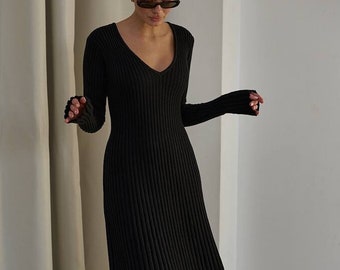 Black Knit Midi Dress for Women, Knitted Elegant Dress for Women, Knit Sleeved Dress for Women, Black Knit Dress with Skater skirt
