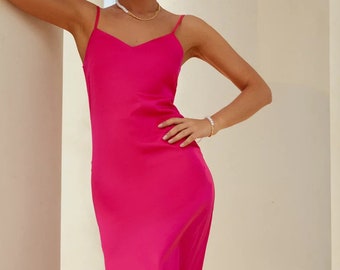Hot Pink Silk Slip Midi Dress, V-Neck Lined Summer Dress