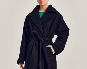 Black Wool Blend Wrap Coat, Oversized Belted Overcoat