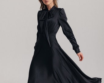 Black Silk Midi Dress with Long Sleeves, Black Modest Silk Midi Dress, Birthday Women Silk Dress, Black Silk Wedding guest dress