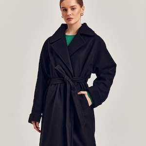Black Wool Wrap Long Coat with Belt for Women, Classic Wrap Overcoat for Spring and Fall, Women&#39;s Outerwear