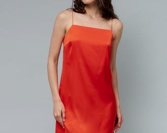 Red Orange Silk Slip Dress, Satin Cami Mini Dress