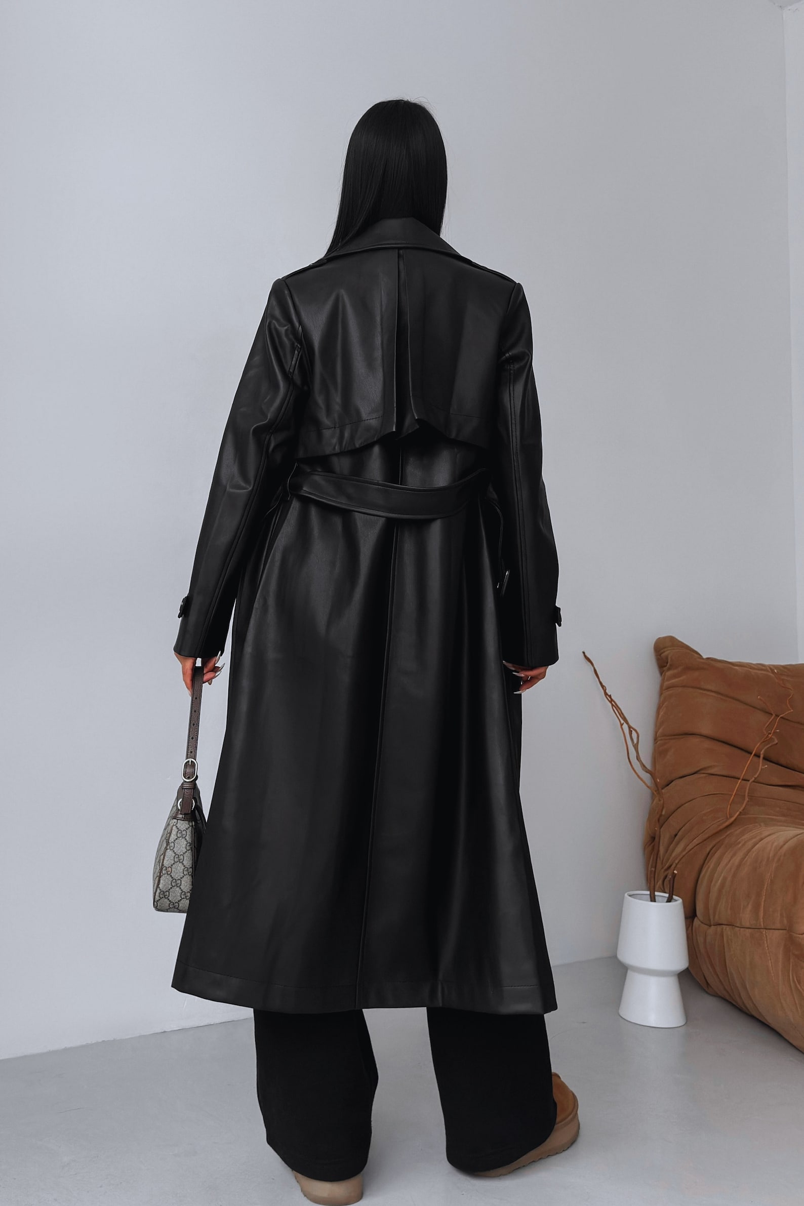 Black Faux Leather Trench Coat with Gold Buttons