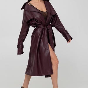 Women&#39;s Burgundy Faux Leather Trench Coat with Belt, Vegan Leather Long Jacket, Classic Spring and Fall Outerwear, Wine Red Coat