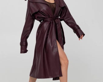 Burgundy Faux Leather Trench Coat, Belted Vegan Outerwear