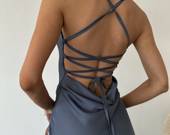 Graphite Silk Slip Dress, Open Back Cowl Neck Midi
