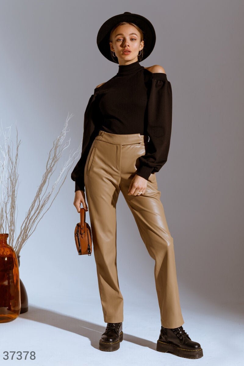 High Waisted Faux Leather Pants Women Beige Leather Pants Etsy