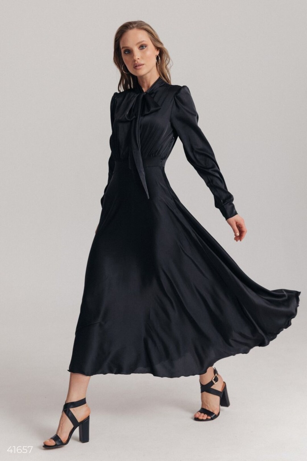 Black Silk Midi Dress with Lace
