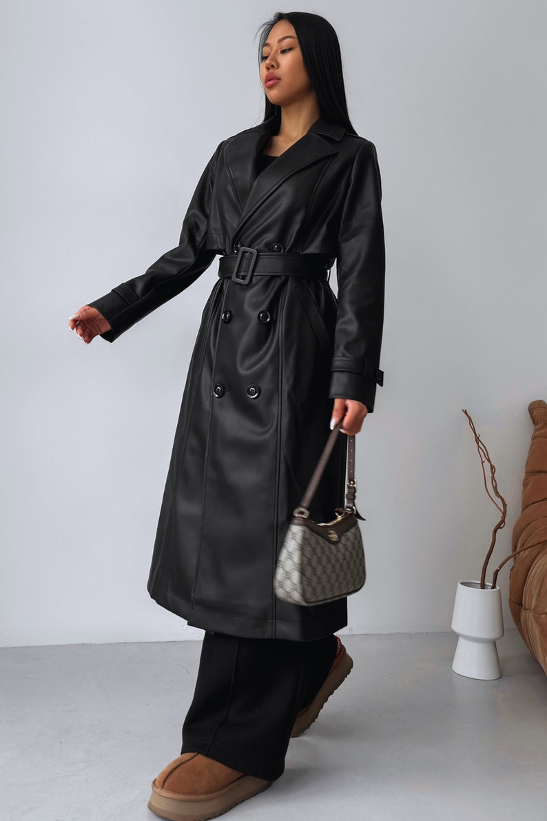 Chic Black Faux Leather Trench Coat for Stylish Occasions main image 1