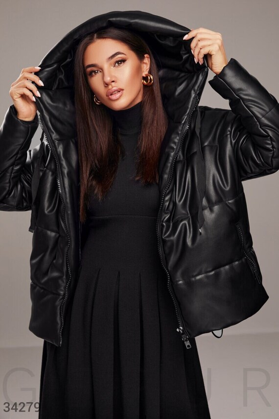 Faux Leather Puffer Jacket for Women, Oversize Eco Leather Puffer, Women's PU Leather Puffer Jacket, Women's Vegan Leather Puffer Jacket