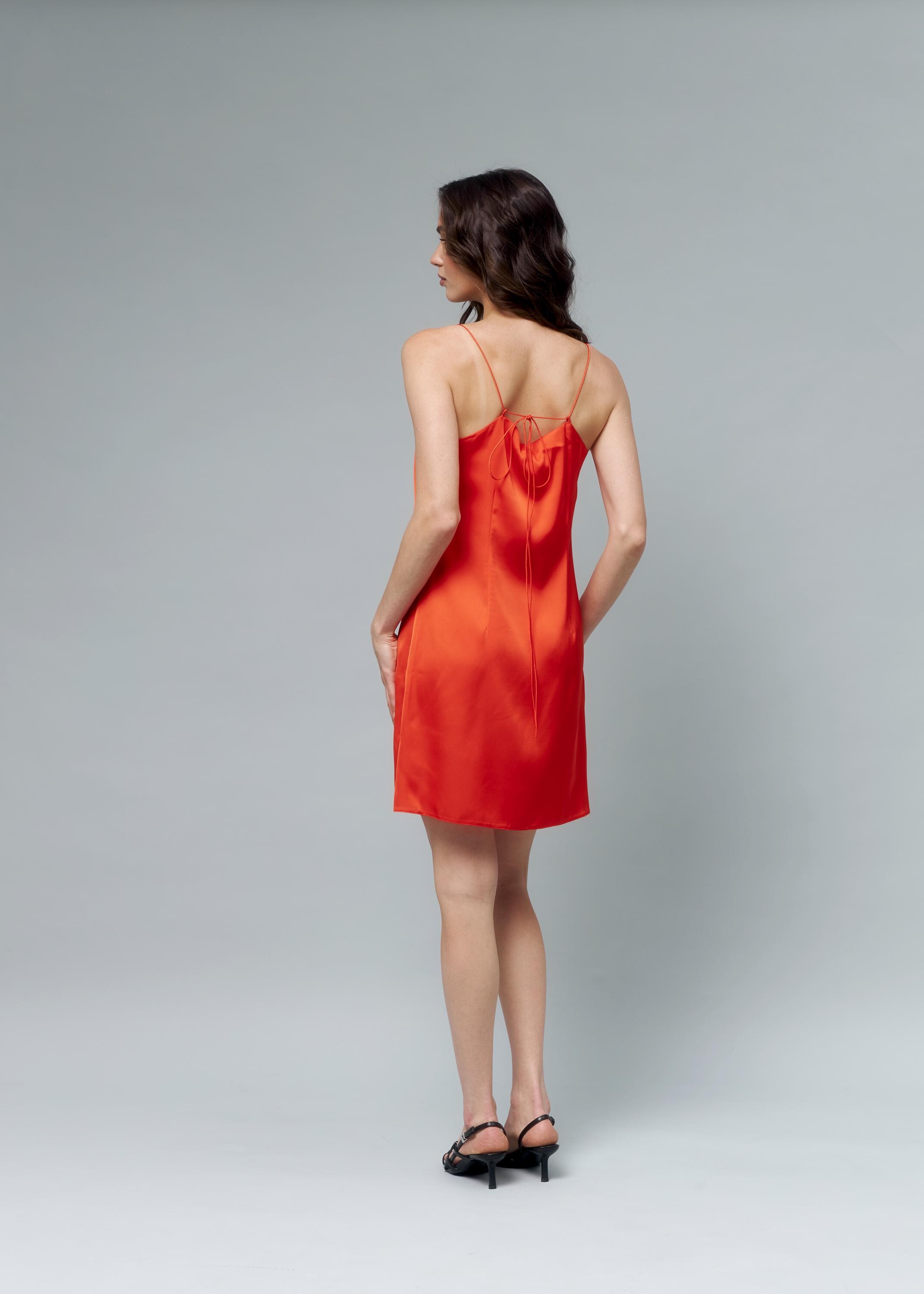 Red Orange Silk Slip Dress, Satin Cami Mini Dress