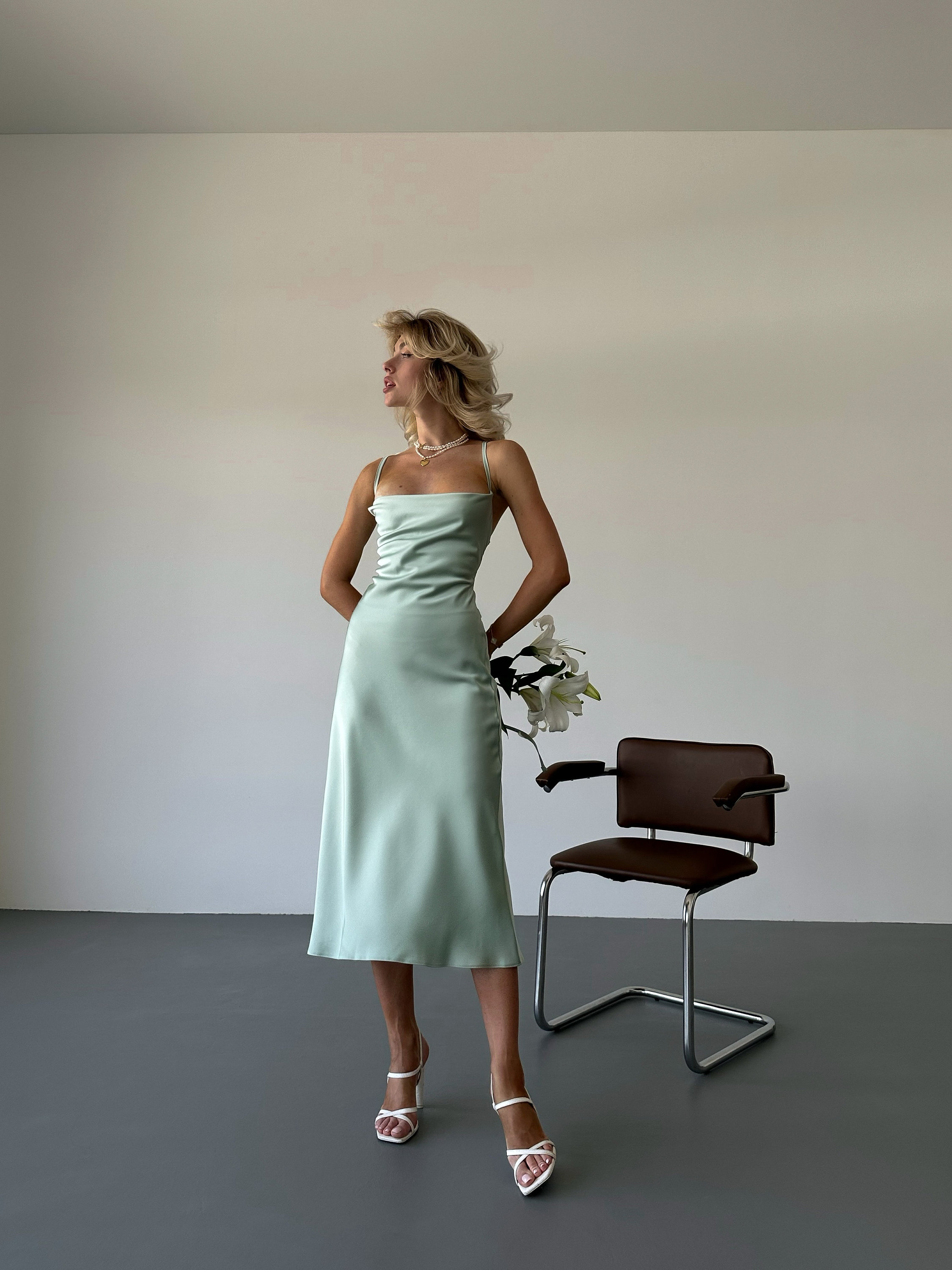 nude and green dress Bluivy Satin Drape Neck MIDI Slip Dress – ReFINE309 main image 1