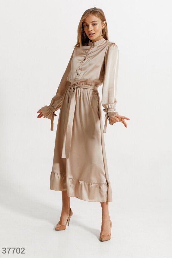Silk Midi Dress with Sleeves Fit and Flare Midi Dress Beige | Etsy