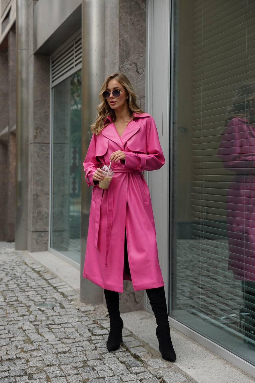 Hot Pink Faux Leather Trench Coat for Women, Bright Pink