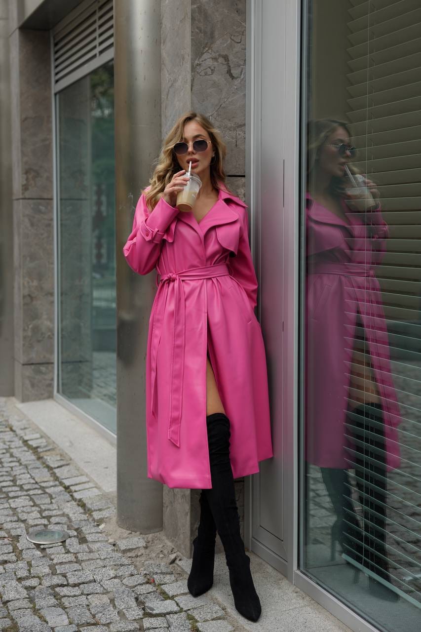 Trench Coat Ceinture Cuir Lambskin Rose – Édition Barbie, Fait Main, Vintage