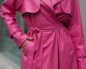 Hot Pink Faux Leather Belted Trench Coat, Women's S/M