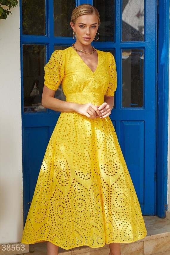 Broderie Anglaise Dress Yellow Summer 