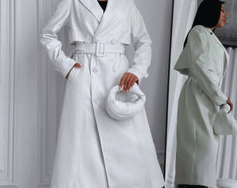 White Faux Leather Trench Coat, Belted Spring Coat