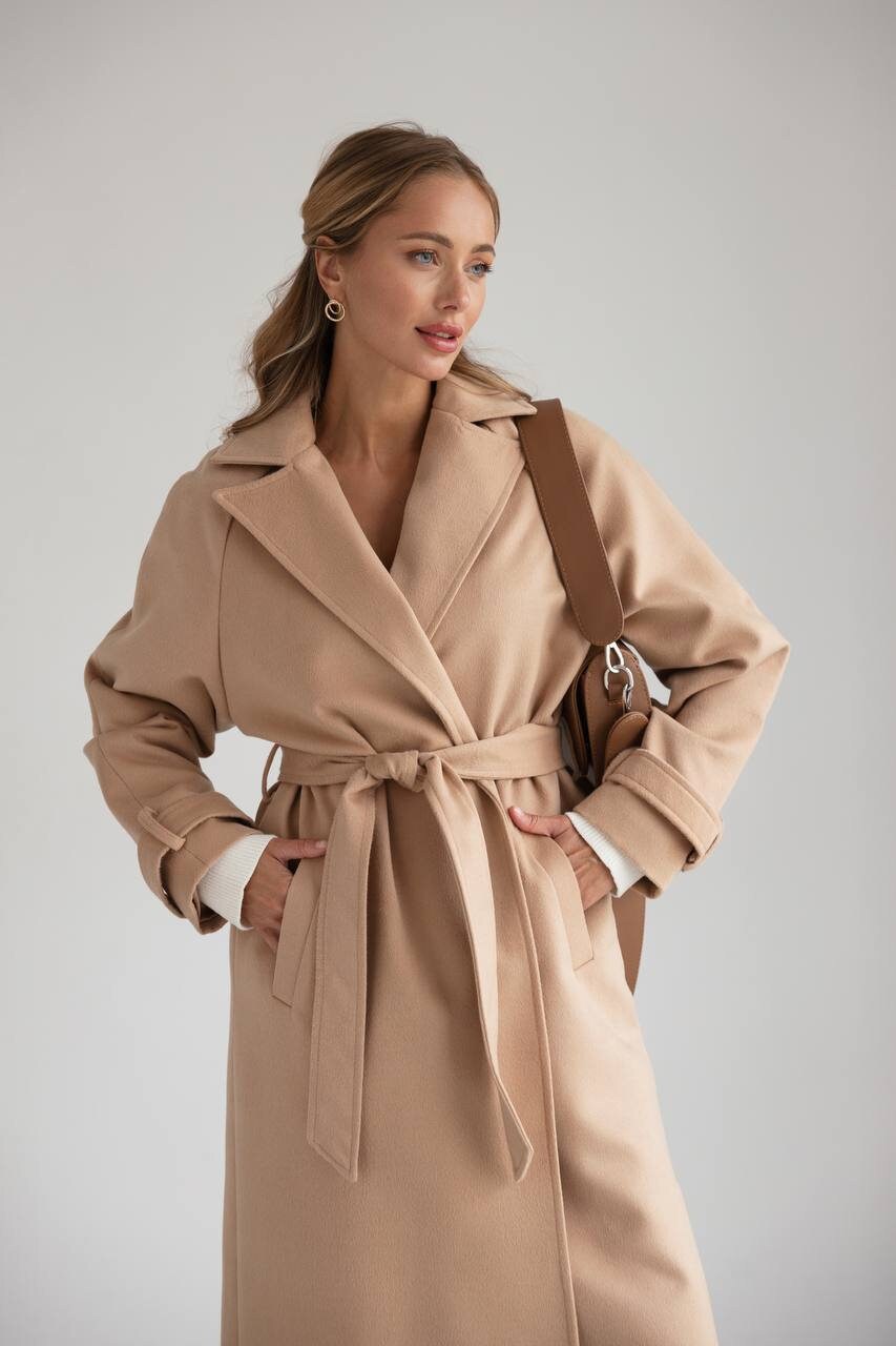 Tan belted wool coat top