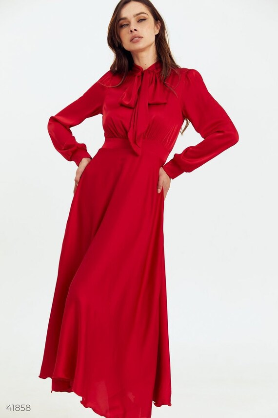 Red silk midi dress sale