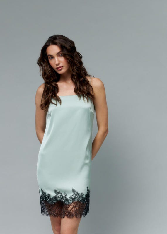 green slip dress with lace Brooklyn Bridesmaids Dress in Forest Green Satin