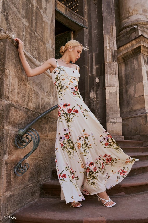 White Silk Floral Maxi Dress With Corseted Top, Silk Slip Dress