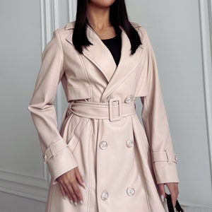 Women&#39;s Beige Faux Leather Trench Coat, Cream Vegan Leather Jacket, Classic Belted Long Coat, Light Colored Minimalist Outerwear
