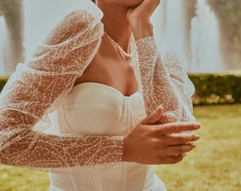 White Mini Bridal Dress with Sheer Long Sleeves Elopement, Courthouse wedding look