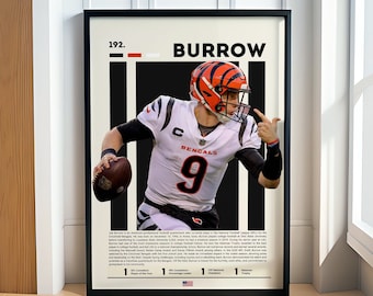 Pôster de Joe Burrow, pôster de futebol, pôster da NFL, pôster esportivo, impressões de futebol, arte de parede da NFL, pôsteres esportivos para quarto