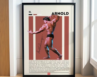 May include: Framed poster featuring a muscular man in black briefs, posing with one arm raised. The poster has a red and white striped background with the name "ARNOLD" in bold black letters. Includes a signature and biographical text.
