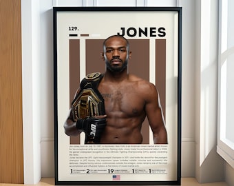 May include: A poster featuring a portrait of Jon Jones, a mixed martial artist, holding a championship belt. The poster has a brown and white color scheme and includes text that reads "129. JONES".