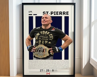 May include: A black and white poster with a photo of a mixed martial arts fighter holding a championship belt. The poster has the text "177. ST-PIERRE" at the top and the fighter's record of 27 wins and 8 losses at the bottom. The fighter is wearing a black t-shirt with the text "New York City" on it.
