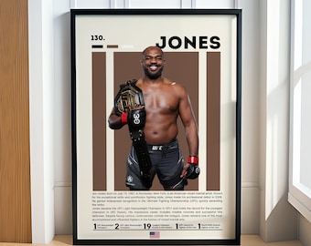 May include: A brown and white poster with a photo of a mixed martial artist holding a championship belt. The poster has the text "130." and "JONES" in white. The text "30" is visible on the belt. The poster also includes statistics about the athlete's career.