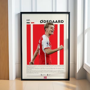 May include: A red and white poster with a photo of a soccer player in a red and white uniform. The poster has the text "137. ØDEGAARD" at the top. The player is celebrating a goal with his arm raised in the air. The poster also includes the Norwegian flag and the number 1.
