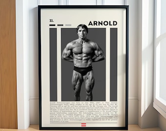 May include: A black and white poster with a photo of Arnold Schwarzenegger, a famous bodybuilder. The poster has the text "11. ARNOLD" at the top. The text below the photo describes Schwarzenegger's bodybuilding career and achievements.