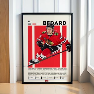 May include: A red, white and black poster featuring a hockey player wearing a red and black jersey with the number 95. The player is Connor Bedard, a Canadian ice hockey prospect. The poster has the text "55. BEDARD" at the top.