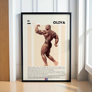 May include: A black and white poster with a photo of a bodybuilder posing with his arm raised. The poster has the text "15. OLIVA" at the top and a biography of the bodybuilder below the photo.