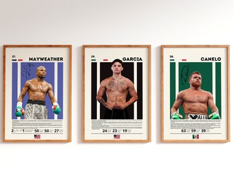 May include: Three boxing posters with a white background. The posters are framed in wood and feature photos of three boxers: Floyd Mayweather Jr.,  Canelo Alvarez, and  Ryan Garcia. Each poster includes the boxer's name, record, and nationality. The posters are arranged in a row from left to right.