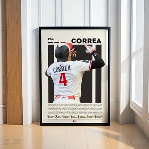 Può includere: Poster incorniciato con il giocatore di baseball Correa in una maglia bianca con il numero 4. Il poster ha una cornice nera e include il nome del giocatore, le statistiche e un design grafico in bianco e nero. Il poster è esposto su una parete bianca.