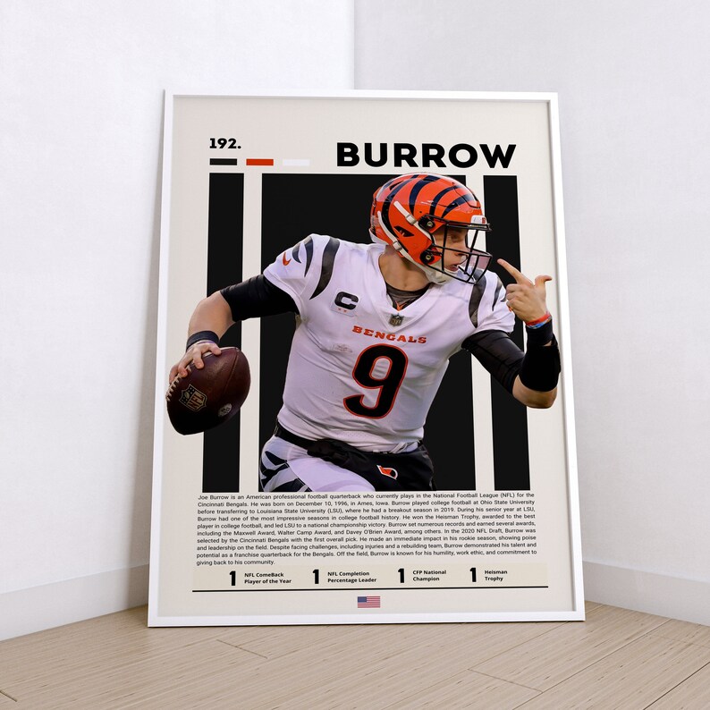 Joe Burrow Poster, Football Poster, NFL Poster, Sports Poster, Football ...