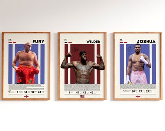 May include: Three boxing posters with a red, white, and blue color scheme. Each poster features a different boxer: Tyson Fury, Deontay Wilder, and Anthony Joshua. The posters include the boxers' names, their records, and their nationalities.