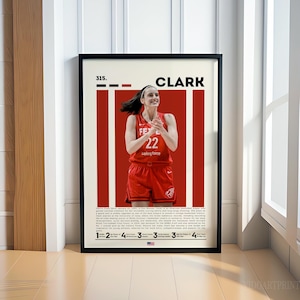 May include: A framed poster of a basketball player in a red uniform, number 22. The poster has a red and white design with the name "CLARK" at the top. The poster is displayed on a white wall, with a wooden panel visible.
