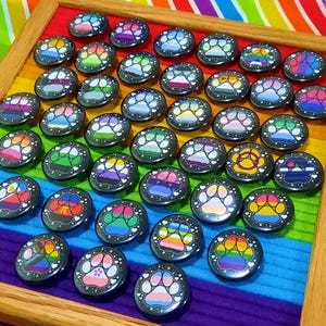 May include: A collection of 30 round, black button pins with various pride flag designs. Each pin features a paw print with a different flag design, including the rainbow, bisexual, transgender, and pansexual flags. The pins are arranged in a grid pattern on a rainbow-striped background.