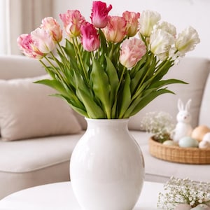 Tulipas artificiais, tulipas papagaio de 53 cm - tulipas artificiais realistas de látex - ramo com 5 hastes, decoração de primavera, Páscoa, Pentecostes, buquê de tulipas