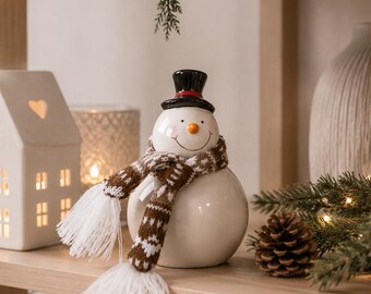 Decorative ceramic snowman Christmas decoration, snowman with fabric scarf, winter decoration, Christmas table decoration, 16 cm - Secret Santa gift