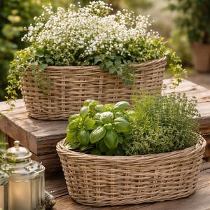 Puede incluir: Dos jardineras de mimbre tejido llenas de vegetación y flores blancas sobre una superficie de madera envejecida. Una jardinera contiene albahaca y tomillo. La otra contiene flores blancas y enredaderas verdes. Se ve una linterna de cristal.