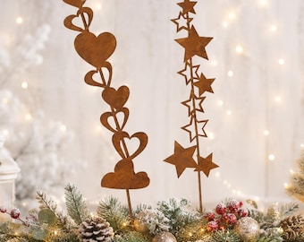 Rost Gartenstecker Herz, Sterne - Weihnachtsdeko Garten, Winterdeko, Herbstdeko, Edelrost Stecker, Beetstecker - Geschenkidee