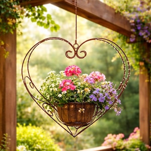 Könnte beinhalten: Ein herzförmiger Hängepflanztopf, gefüllt mit rosa, lila und weißen Blumen. Der dunkelbraune Metalltopf hängt an einer Holzpergola. Der Hintergrund ist verschwommen und zeigt eine Gartenumgebung mit üppigem Grün.
